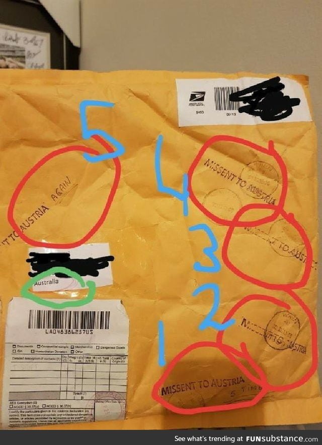 Australian package sent to Austria 5 times