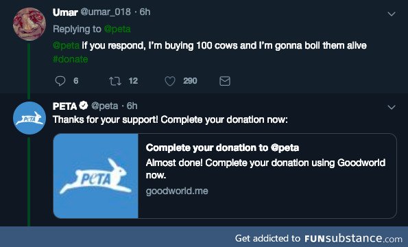 Today I learned that PETA uses auto responses on their Twitter page