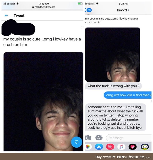 Saw this on Twitter, her cousin caught her tweet about her calling him cute