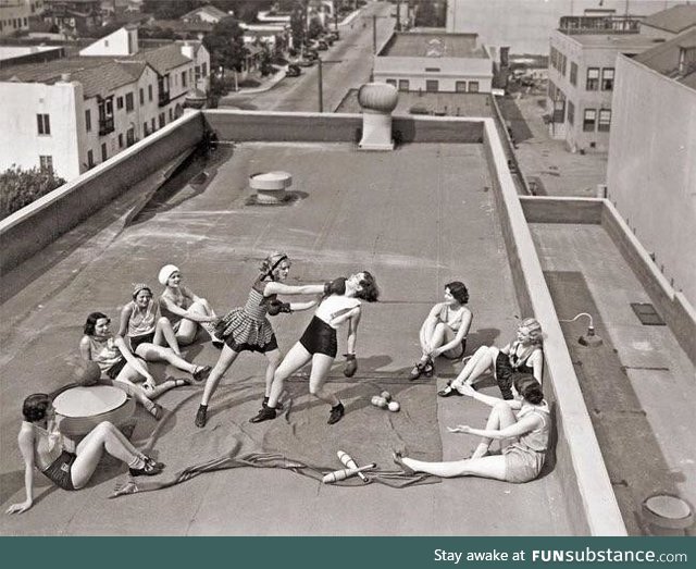 Women boxing on a roof in LA, circa 1933