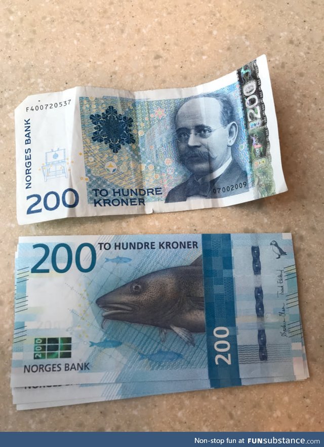 Norways new 200 bill. Pretty sad to be exchanged with a fish