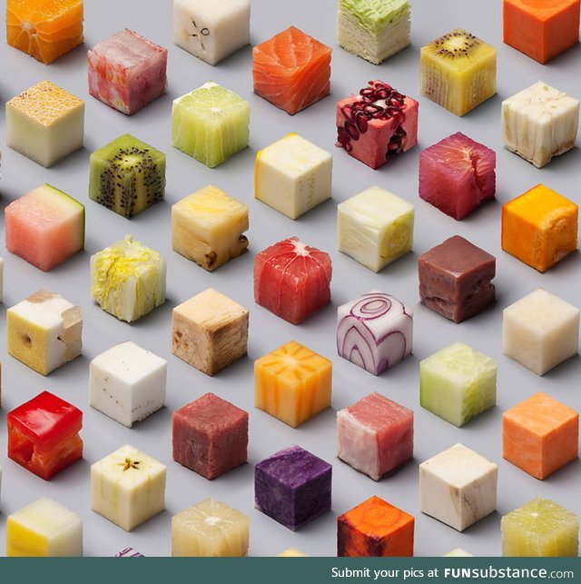 Artists perfectly cut 98 raw foods into perfect cubes. This is only some