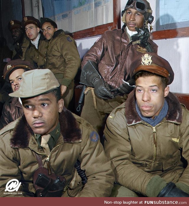 Colorized by me: Tuskegee airmen attending a briefing in Ramitelli, Italy, March 1945