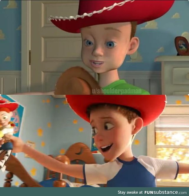 The drastic change in animation of Andy in Toy Story (1995) and Toy Story 4 (2019)