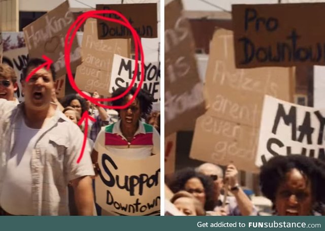 Stranger things protestor's sign reads the pretzels aren't even that good