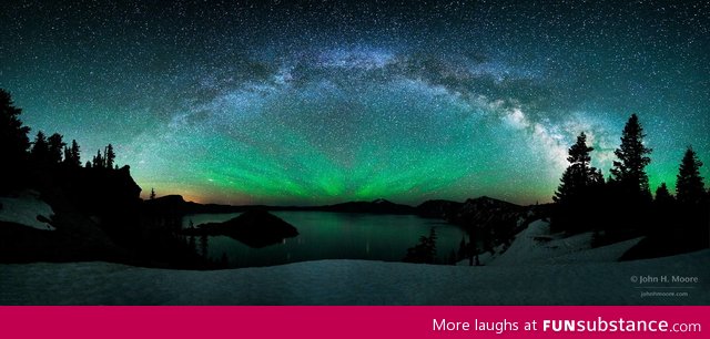 Milky way arching over Crater Lake, Oregon