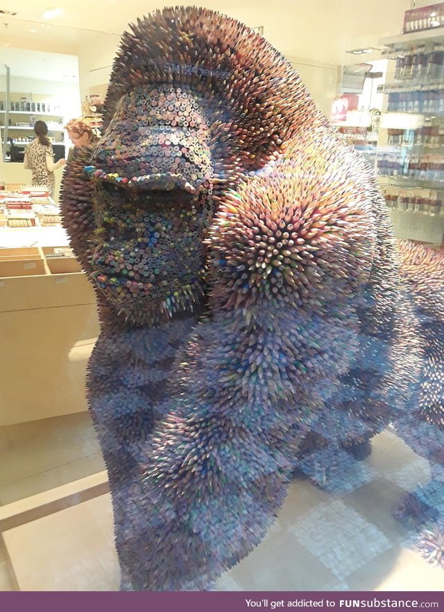 This life size sculpture of a gorilla is made entirely of colored pencils