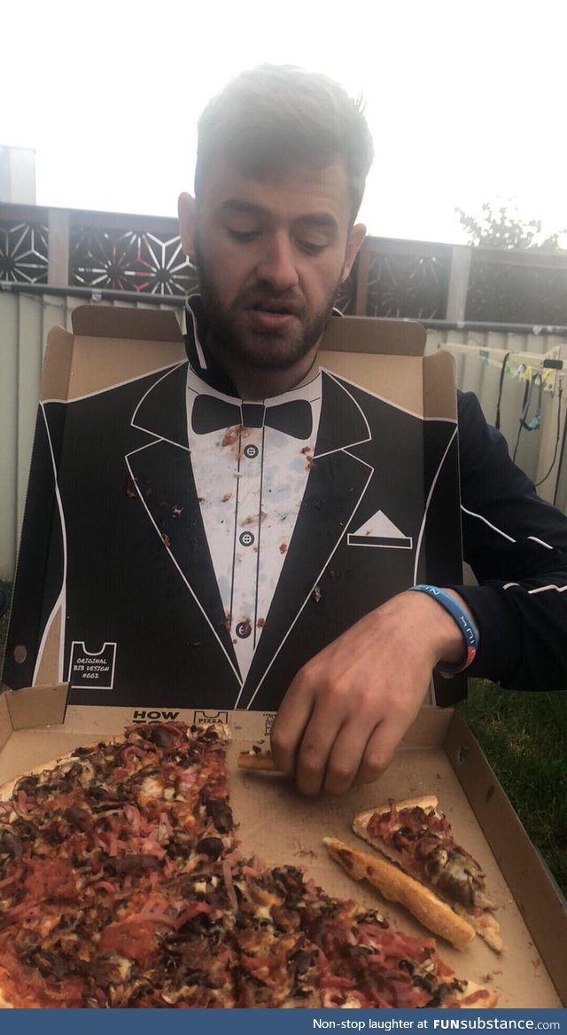 The inside of a pizza box was a tuxedo