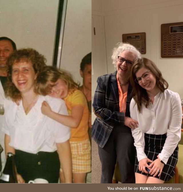My mom and I tried to recreate the picture of us at her PhD defense at my PhD defense