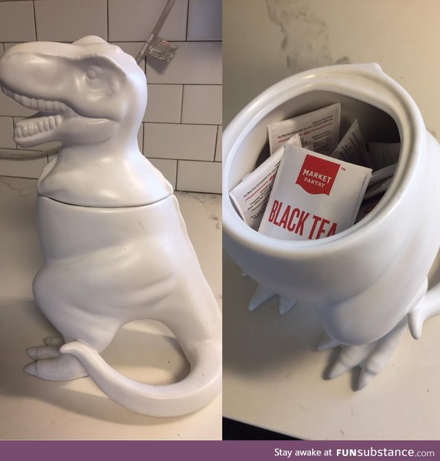 My girlfriend has decided to repurpose our novelty cookie jar. Say hello to our Tea-Rex