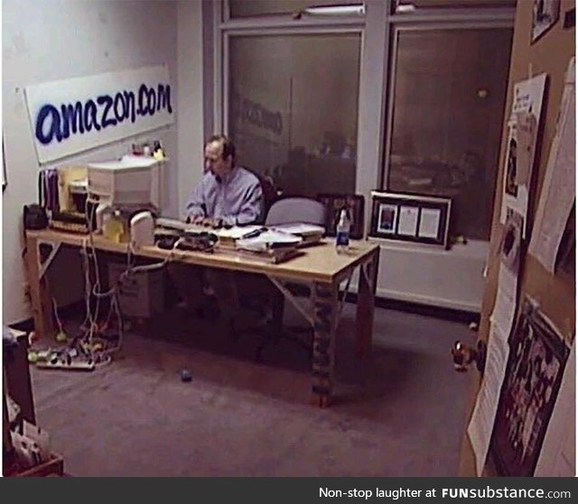 A photo of Jeff Bezos In his office during the early days of Amazon, 1999