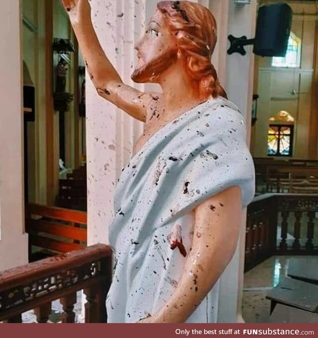 The Statue of Jesus Christ in Blood aftermath of the Easter bombings, Sri Lanka