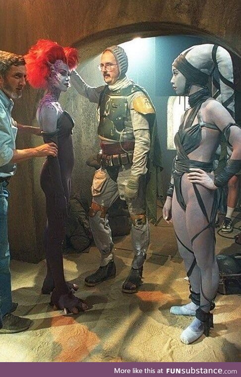 Boba Fett without a helmet during the filming of Return of the Jedi