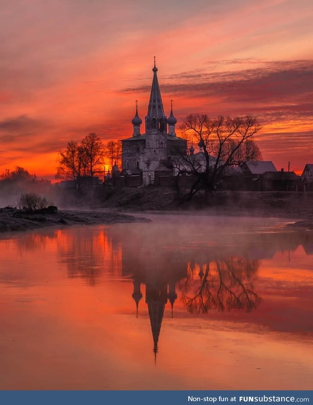 Sunset in the village of Dunilovo, Russia