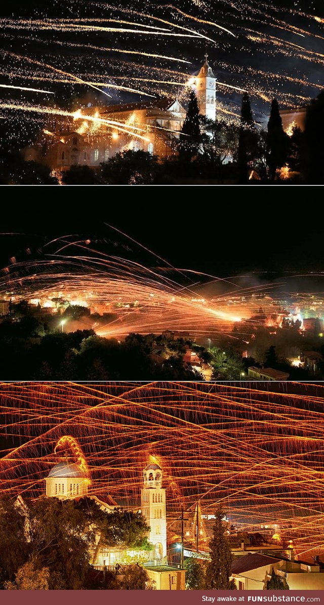 Rocket war in Chios Island (Greece) between 2 churches. (Easter Tradition)