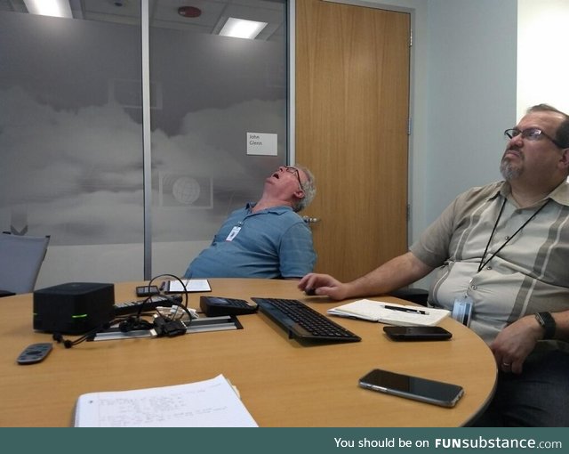 A picture my dad’s coworker took of him during a meeting. Time to retire?
