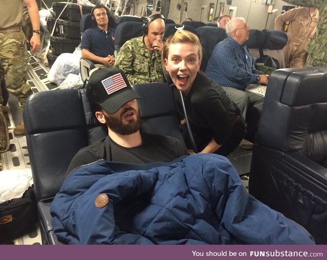 Scarlett Johansson and a sleeping Chris Evans on a USO ...