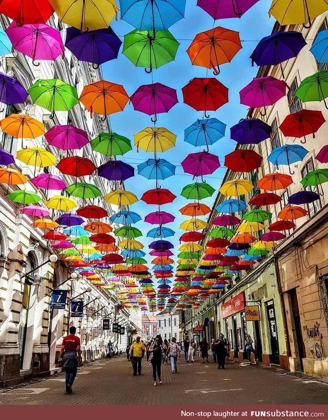 Umbrella shaded walkway in Timișoara, Romania