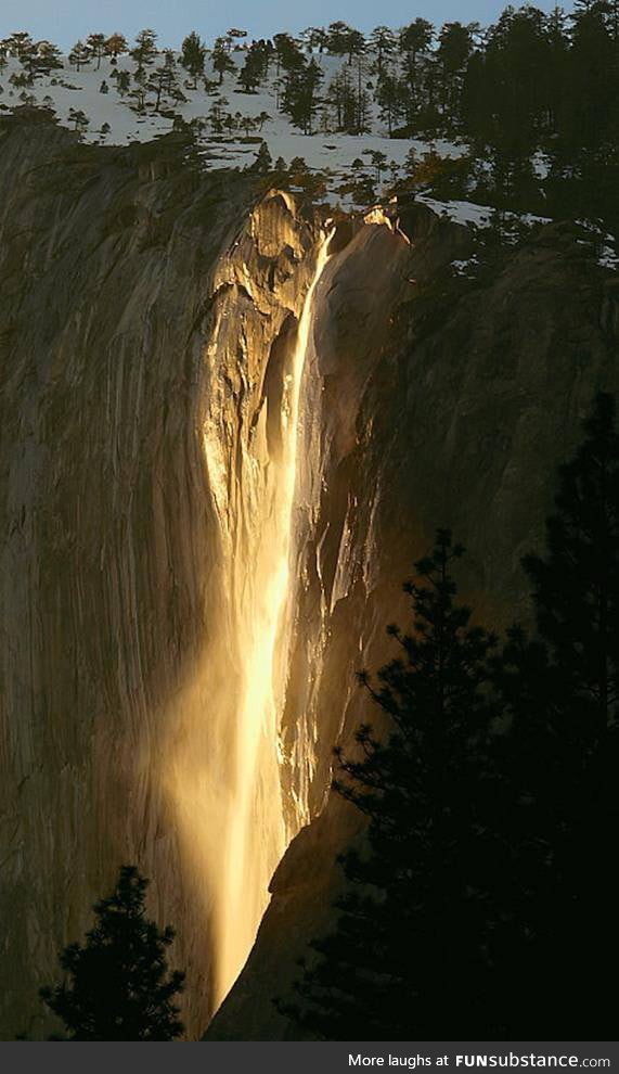 Once every year, the sun hits Yosemite's waterfalls just right to make it light up