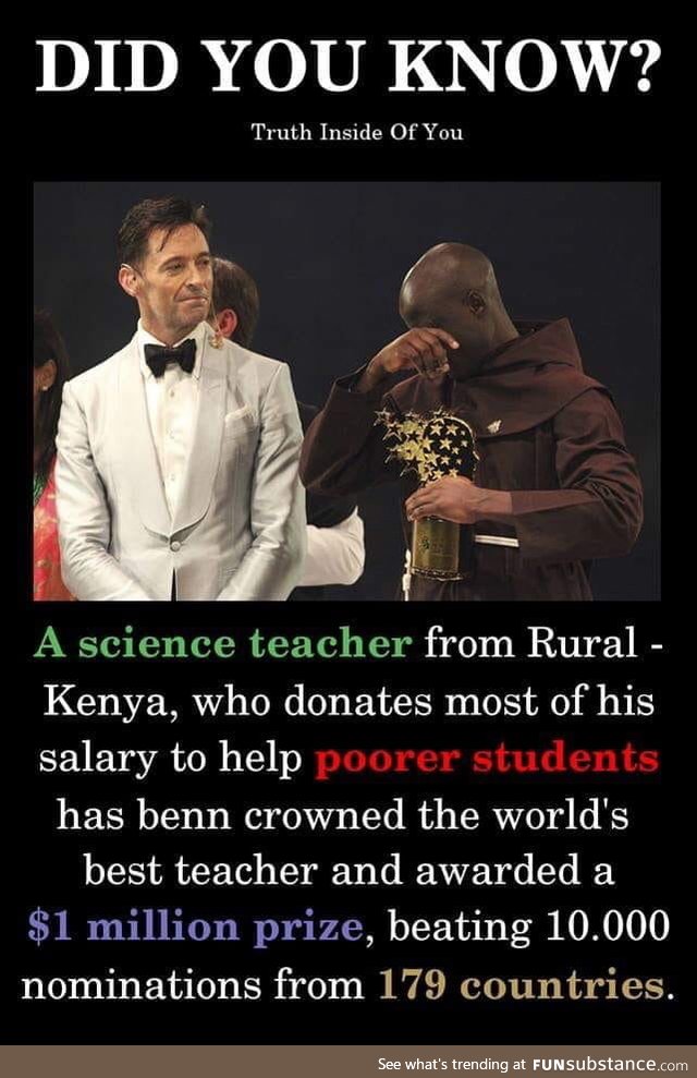 Hugh Jackman gives award to a man for teacher of the year. This guy definitely deserves