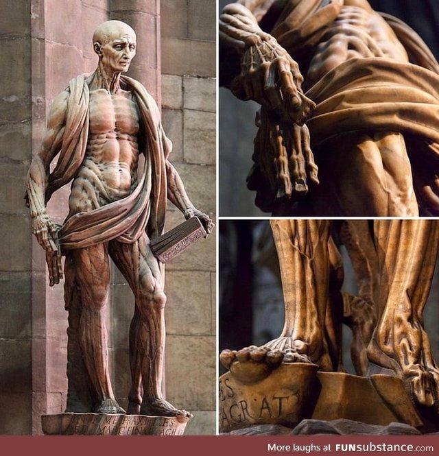 This statue depicts Saint Bartholomew, an early Christian martyr who was allegedly