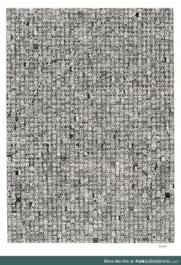 I did this drawing of 1,924 tiny faces with a pen. I've been told it looks like a sheet