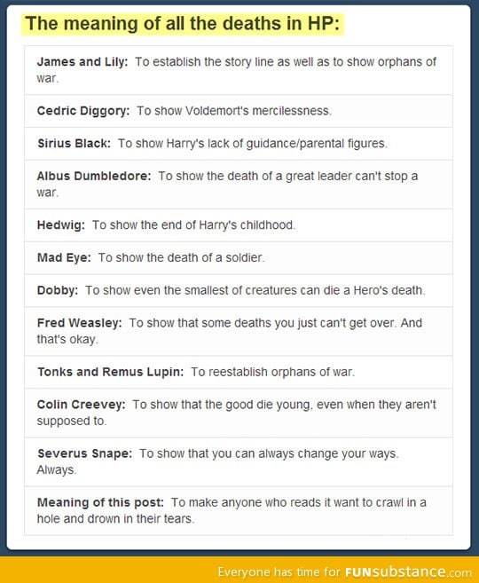 The meaning of the deaths in Harry Potter