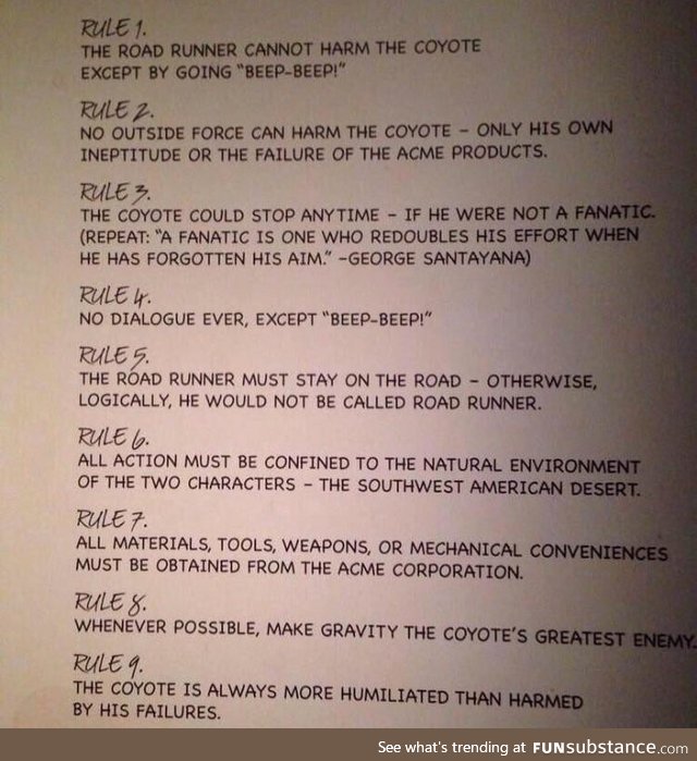 Road runner has a set of rules