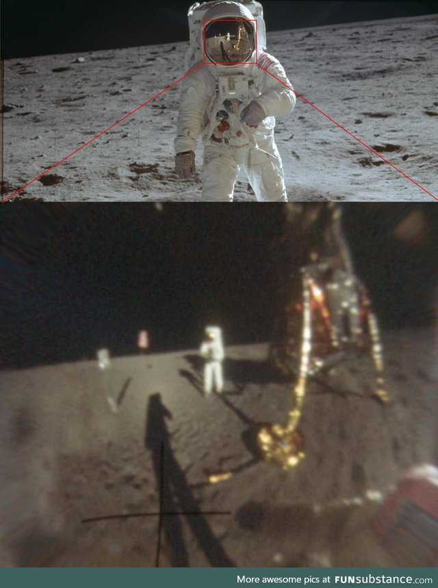 The clearest photo of Neil Armstrong walking on the moon...Enhanced from the reflection