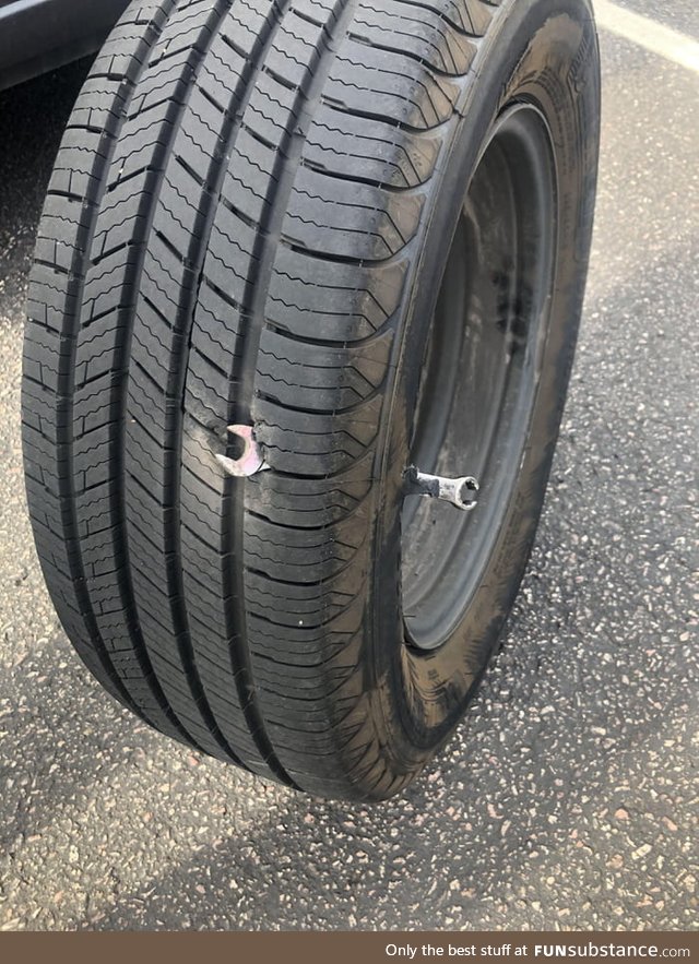Friend just got new tires, wrench flew off a truck in front of him, and this happens