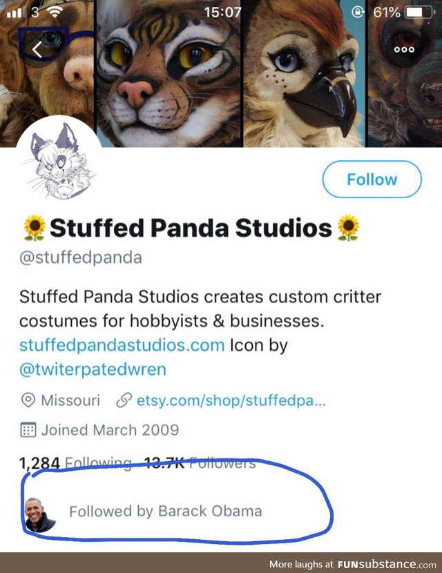 Hmmmm... why does Obama follow a Fursuit company?!