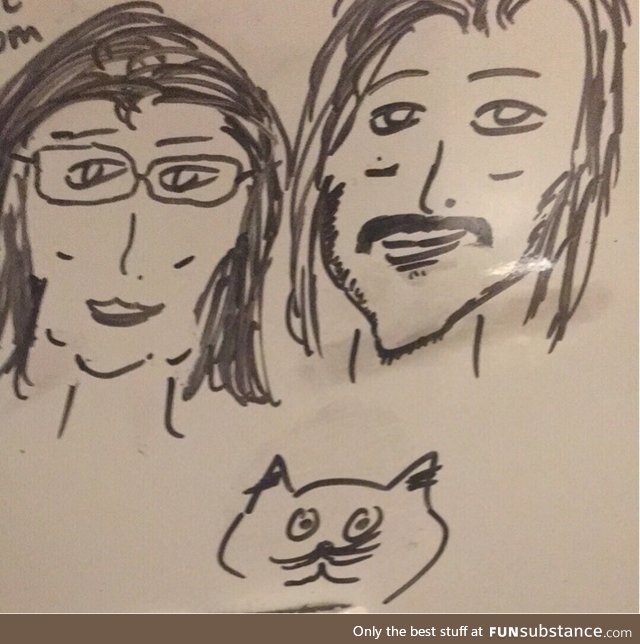 A very crappy drawing of my fiancée, my cat, and myself. If S.O. enjoys this stuff=keeper