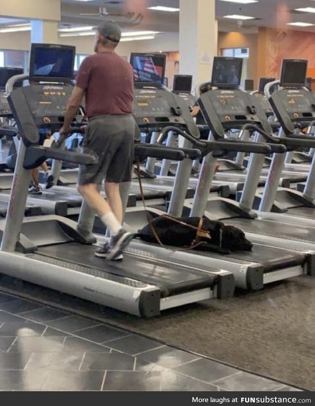 Blind man working out. If he wanted to change machines, his dog would go get staffs