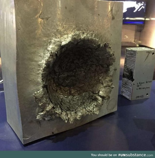 This is what happens to aluminium if 1/2oz (15mL) piece of plastic hits it at 15000mph