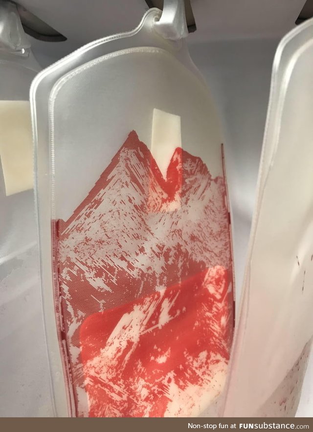 This empty blood bag looks like a snowy mountain