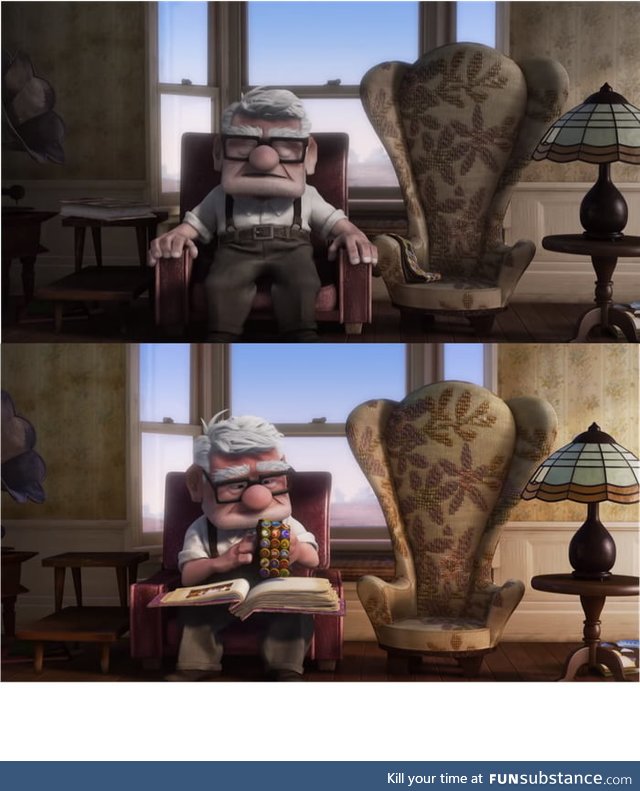 In Up (2009), before Carl finds out about the photos Ellie put in the adventure book, the