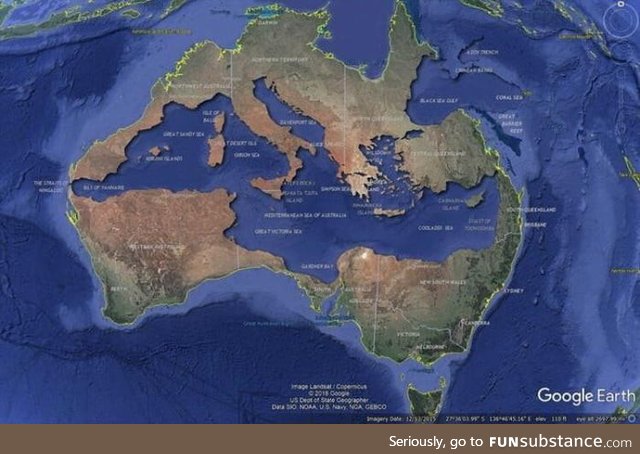 The Mediterranean Sea fits perfectly inside Australia