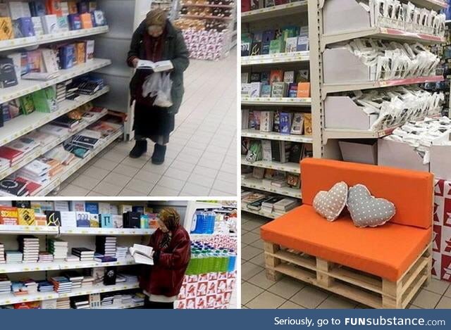 An old lady comes to this supermarket all the time to read books so the manager put a