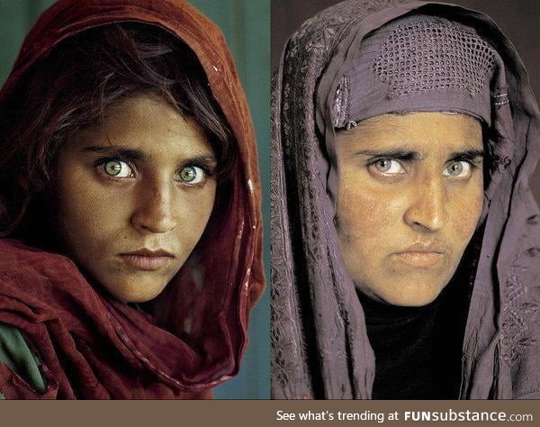 Sharbat Gula, left on the cover of National Geographic in 1985, and then nearly two