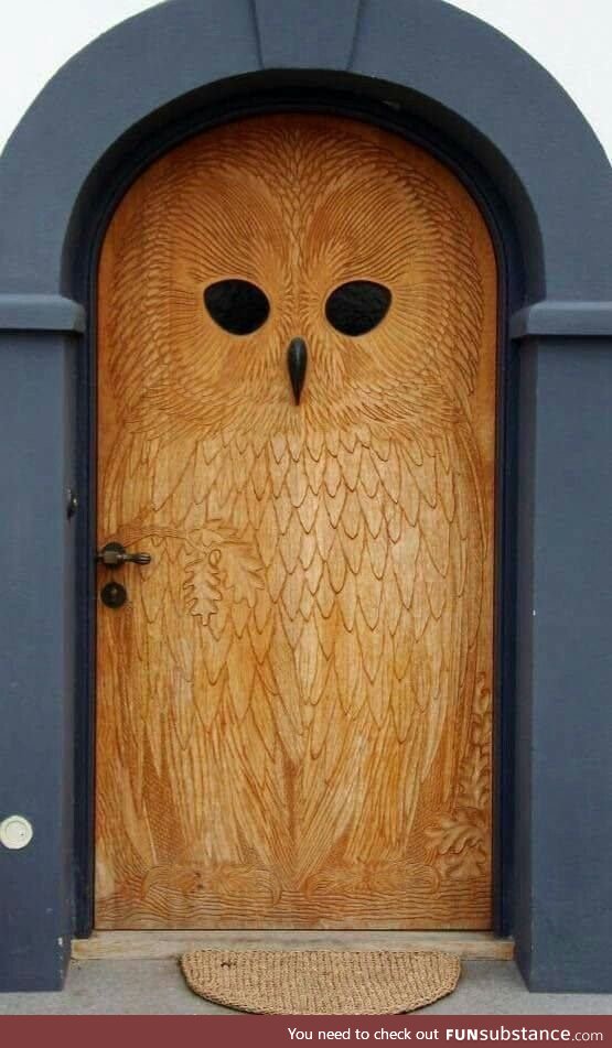 Hand carved Owl door, Denmark, 1930s