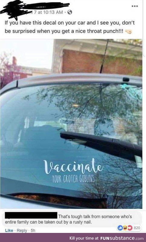 Breaking News:Soccer anti vaxx mom offended by a f**king decal window sticker