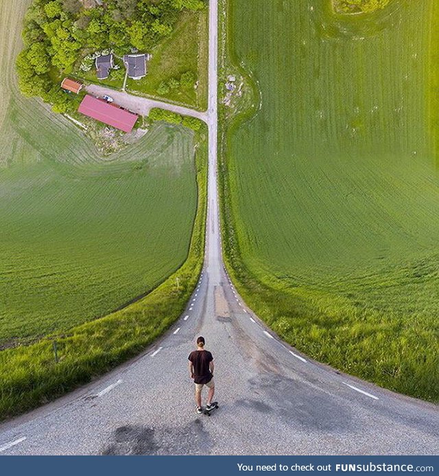 5 different pictures, taken by a drone, stitched together to create this inception style