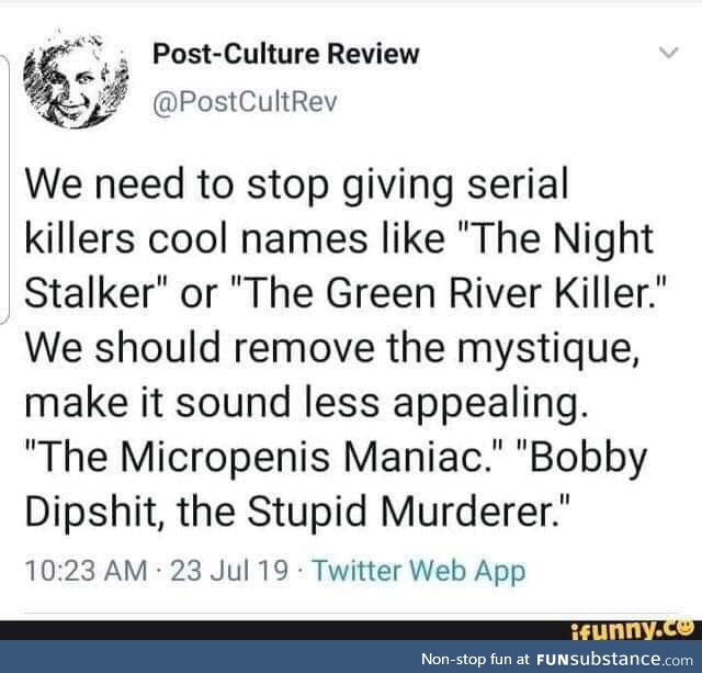Giving appalling name to serial killers? Check