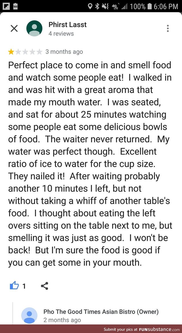 A review for a pho restaurant with perfect water