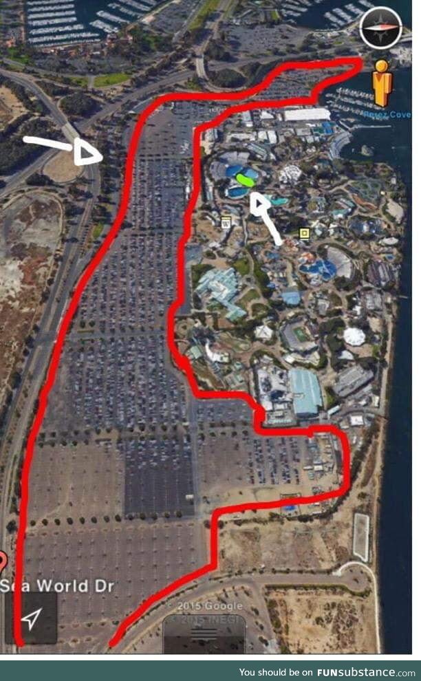 The red line is the Seaworld car park. The green line is where the killer whales spend