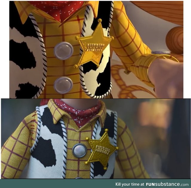 Woody's chest side by side compare (Toy Story 1 and Toy Story 4)