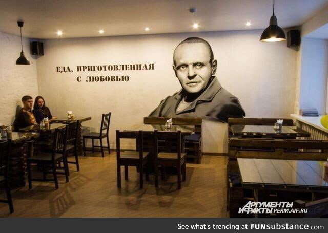 Russian restaurant, on the wall it says, "food prepared with love"