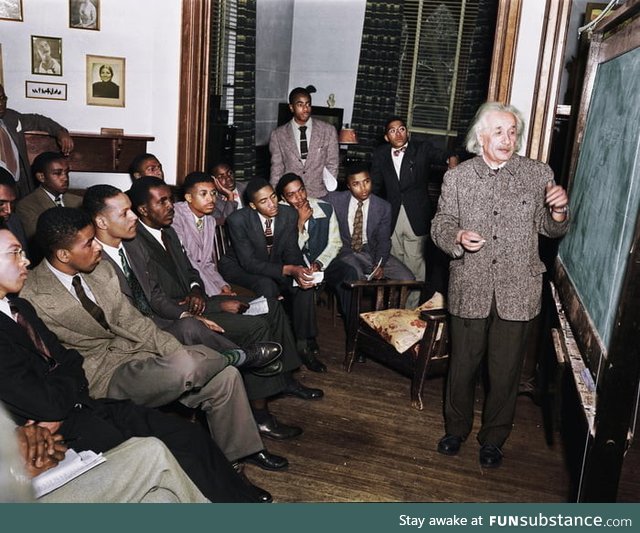 Albert Einstein teaching physics to a class of young black men at Lincoln University