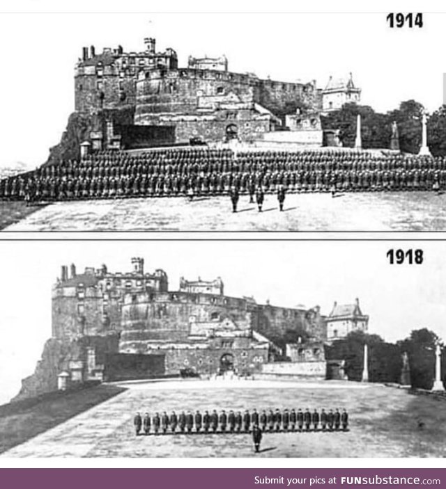 A very powerful image showing a batallion before and after the Great War, the upper