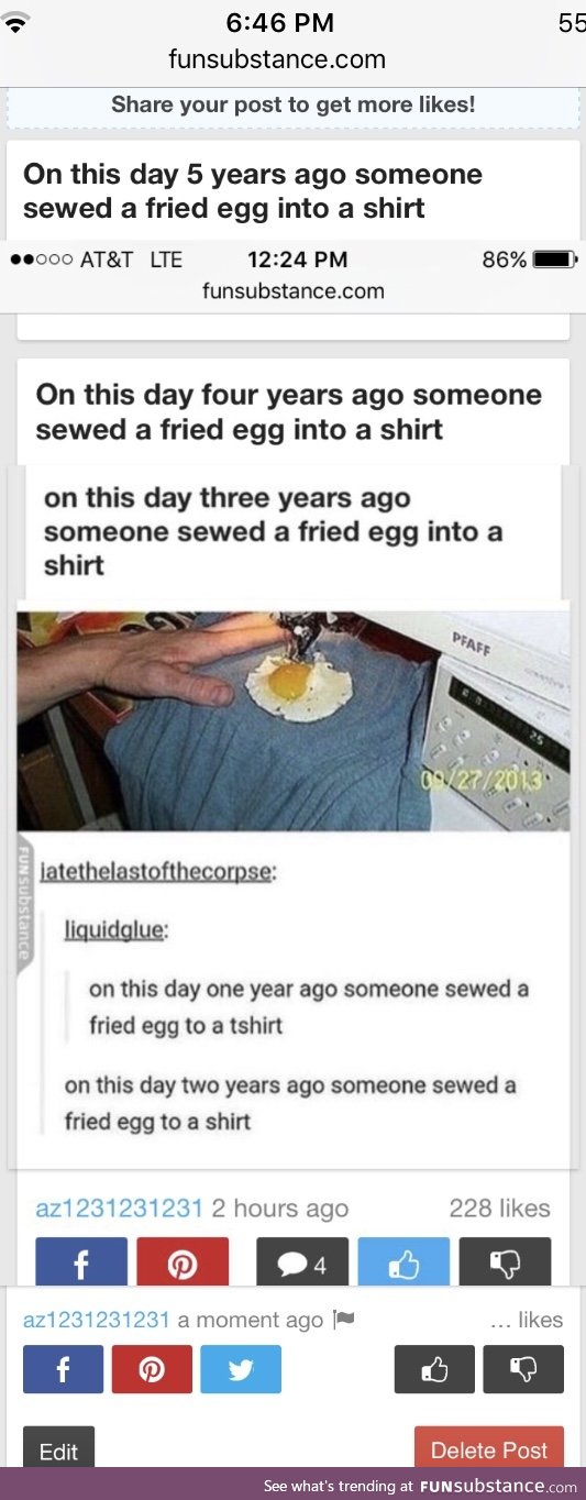 On this day six years ago someone sewed a fried egg into a shirt